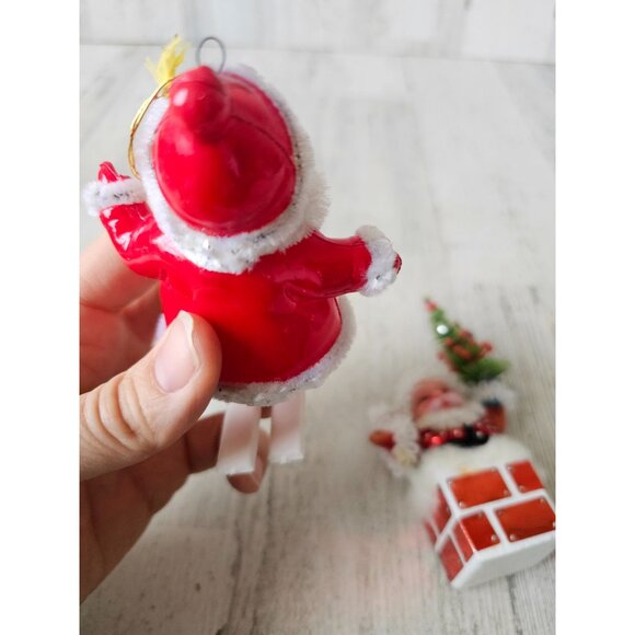 Vintage flocked Santa skier plastic chimney tree ornament beaded Xmas Santa with - Picture 6 of 15